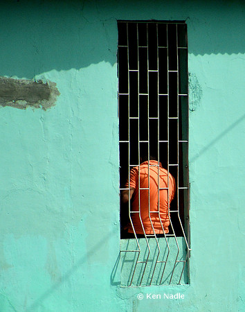 Mans back in window
